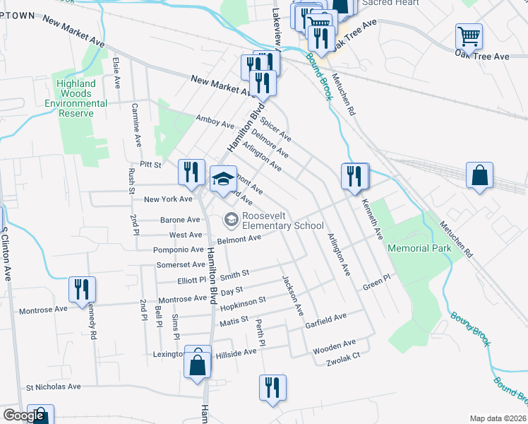 map of restaurants, bars, coffee shops, grocery stores, and more near 308 Harvard Avenue in South Plainfield