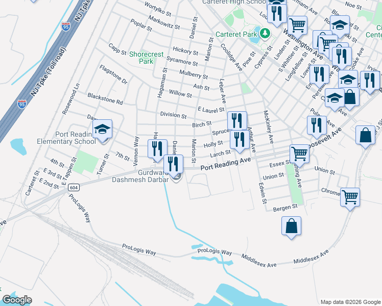 map of restaurants, bars, coffee shops, grocery stores, and more near 27 Marion Street in Woodbridge Township