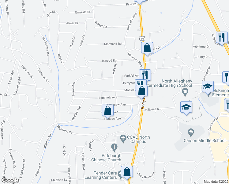 map of restaurants, bars, coffee shops, grocery stores, and more near 9045 Hillcrest Road in Pittsburgh