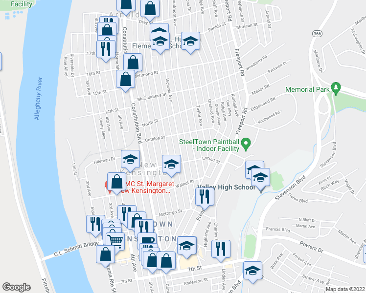 map of restaurants, bars, coffee shops, grocery stores, and more near 1234 Victoria Avenue in New Kensington