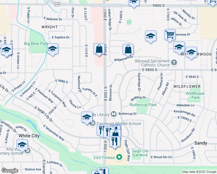 map of restaurants, bars, coffee shops, grocery stores, and more near 9914 Blossom Drive in Sandy