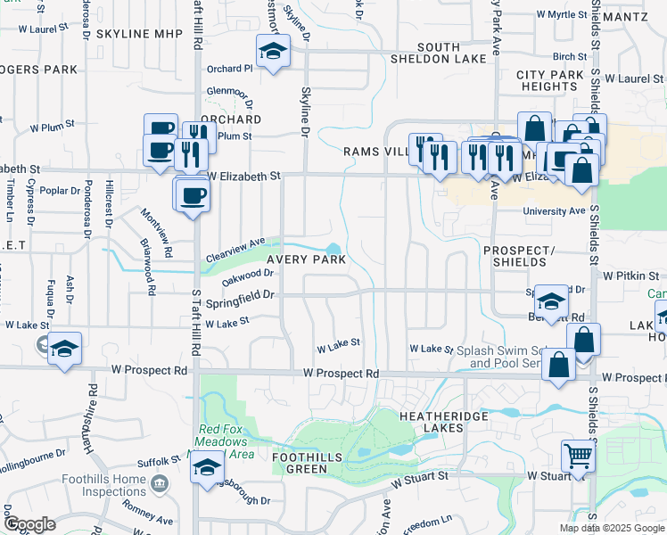 map of restaurants, bars, coffee shops, grocery stores, and more near 1701-1799 Clearview Court in Fort Collins