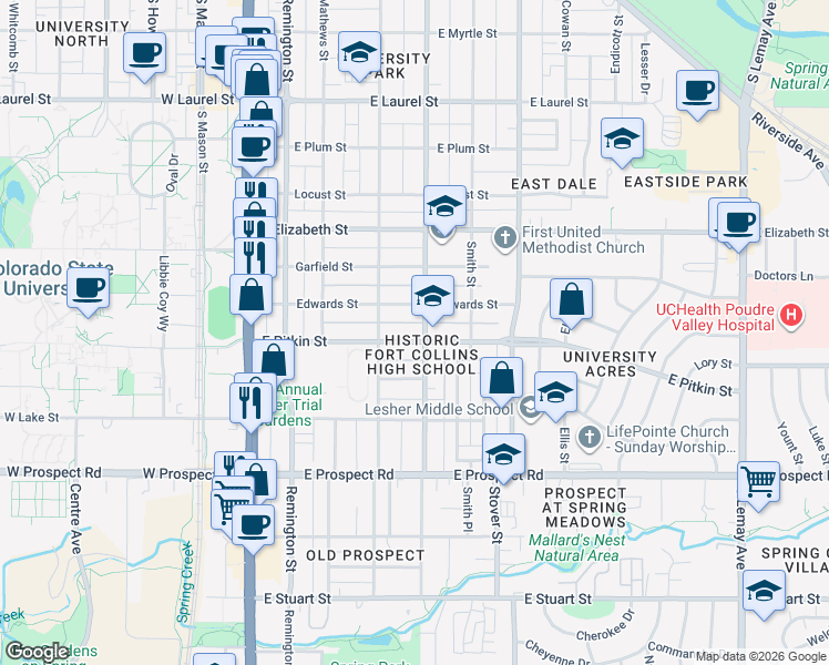 map of restaurants, bars, coffee shops, grocery stores, and more near 422 East Pitkin Street in Fort Collins