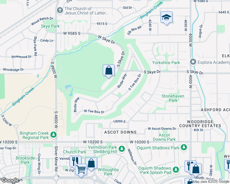 map of restaurants, bars, coffee shops, grocery stores, and more near 9907 Birdie Way in South Jordan