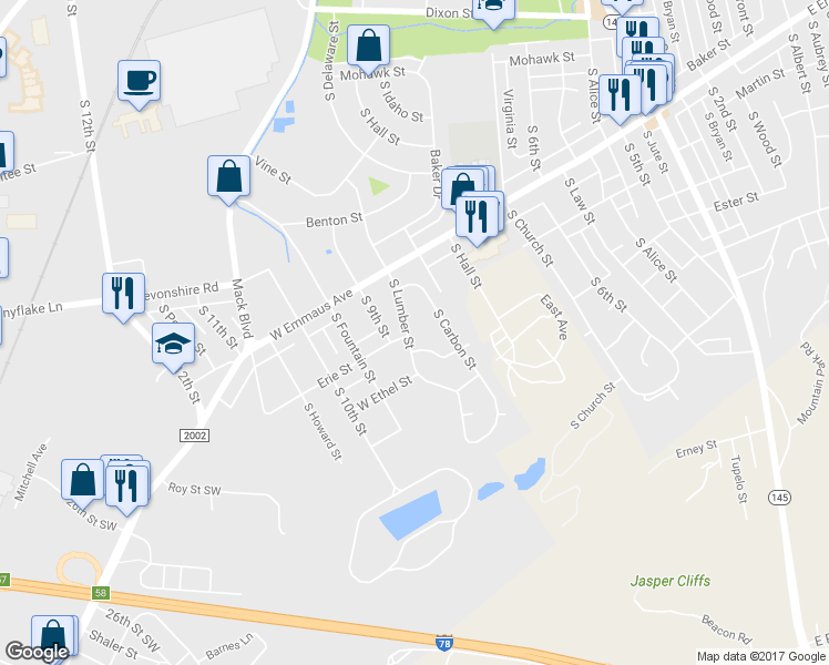 map of restaurants, bars, coffee shops, grocery stores, and more near 2365 South Lumber Street in Allentown