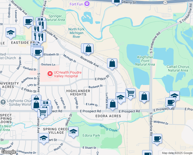 map of restaurants, bars, coffee shops, grocery stores, and more near 1150 Montgomery Street in Fort Collins