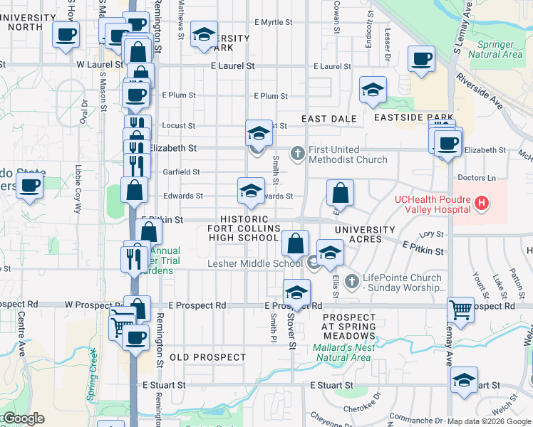 map of restaurants, bars, coffee shops, grocery stores, and more near 519 Edwards Street in Fort Collins