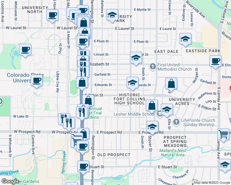 map of restaurants, bars, coffee shops, grocery stores, and more near 401 Edwards Street in Fort Collins