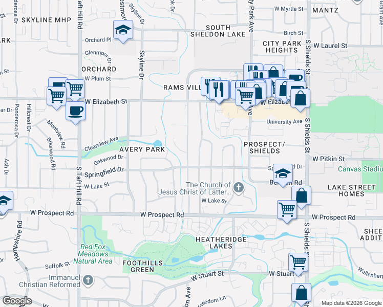 map of restaurants, bars, coffee shops, grocery stores, and more near 1209 South Bryan Avenue in Fort Collins