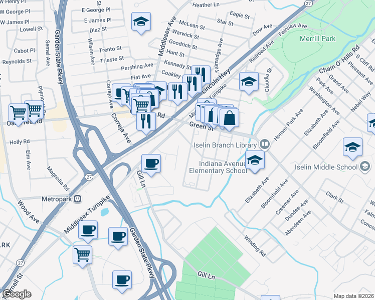 map of restaurants, bars, coffee shops, grocery stores, and more near 17 Berkley Boulevard in Woodbridge Township
