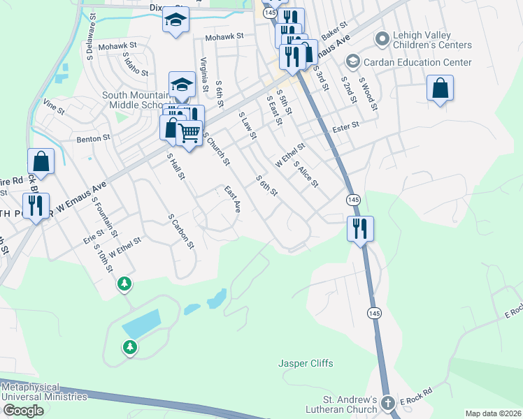 map of restaurants, bars, coffee shops, grocery stores, and more near 2488 South 6th Street in Allentown