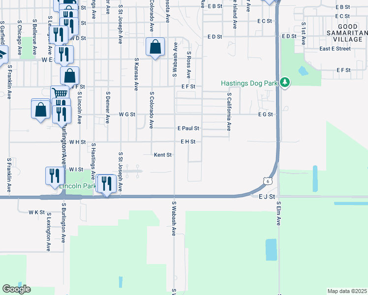 map of restaurants, bars, coffee shops, grocery stores, and more near 100-198 E Paul St in Hastings