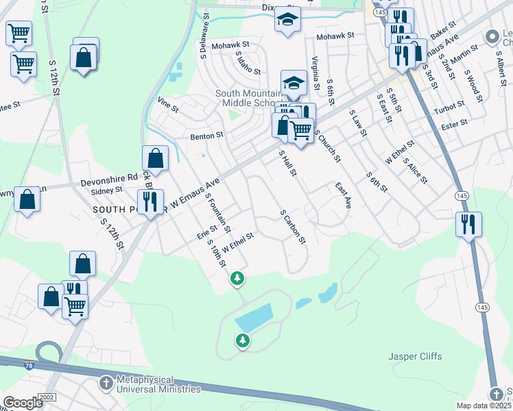 map of restaurants, bars, coffee shops, grocery stores, and more near 2365 South Lumber Street in Allentown