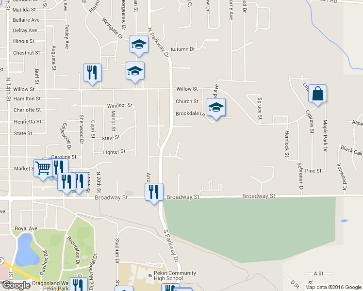 map of restaurants, bars, coffee shops, grocery stores, and more near 2204 State Street in Pekin