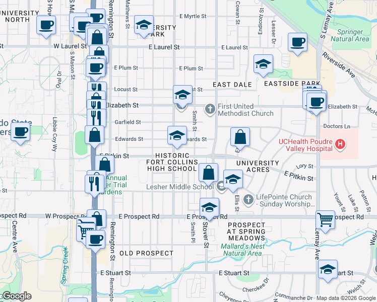 map of restaurants, bars, coffee shops, grocery stores, and more near 519 Edwards Street in Fort Collins