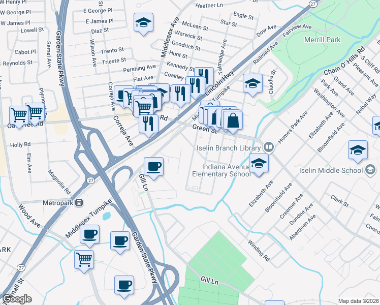 map of restaurants, bars, coffee shops, grocery stores, and more near 17 Berkley Boulevard in Woodbridge Township
