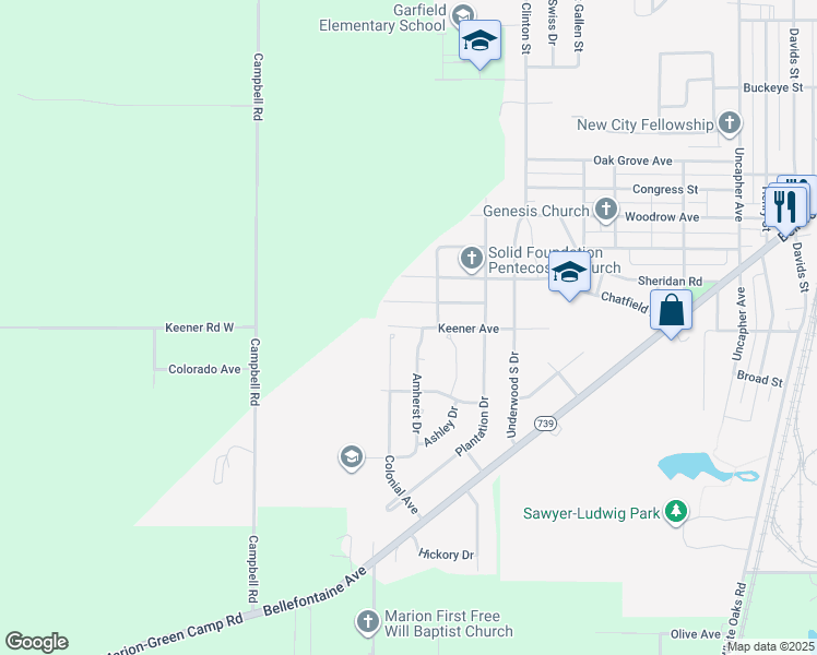 map of restaurants, bars, coffee shops, grocery stores, and more near 1239 Keener Avenue in Marion