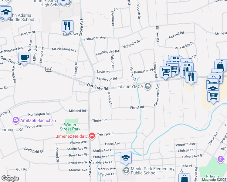 map of restaurants, bars, coffee shops, grocery stores, and more near 1821 Oak Tree Road in Edison
