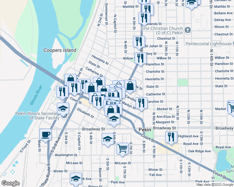 map of restaurants, bars, coffee shops, grocery stores, and more near 416 Catherine St in Pekin