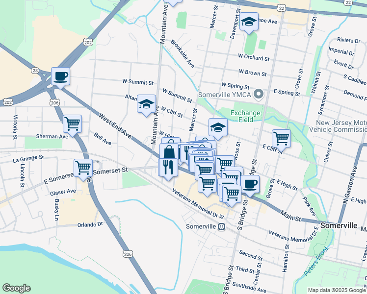 map of restaurants, bars, coffee shops, grocery stores, and more near 153 West High Street in Somerville