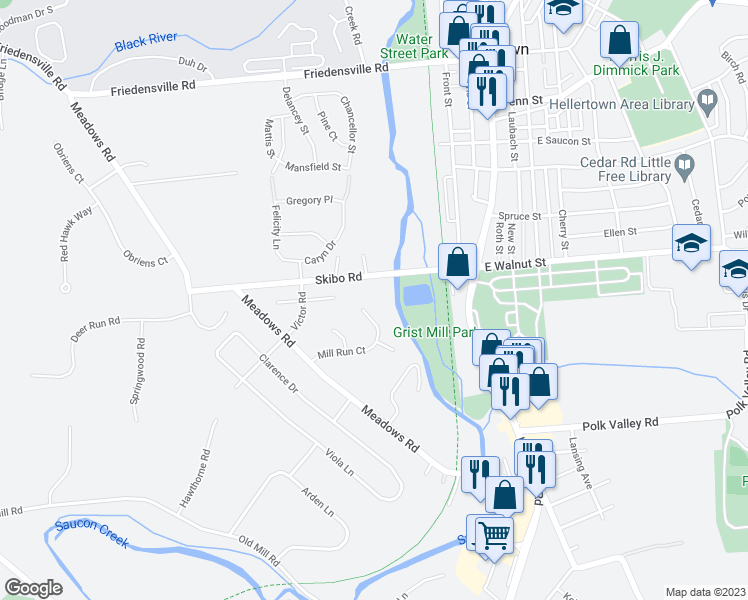 map of restaurants, bars, coffee shops, grocery stores, and more near 1892 Mill Run Court in Hellertown