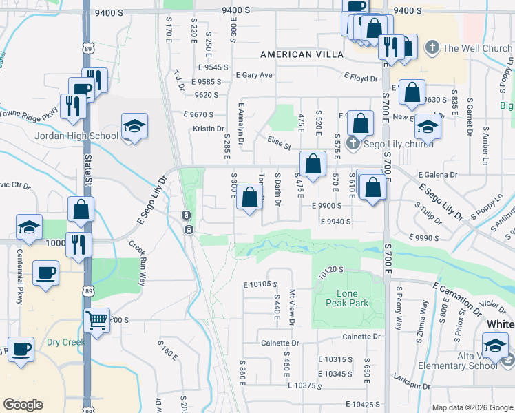 map of restaurants, bars, coffee shops, grocery stores, and more near 9890 Tonya Drive in Sandy