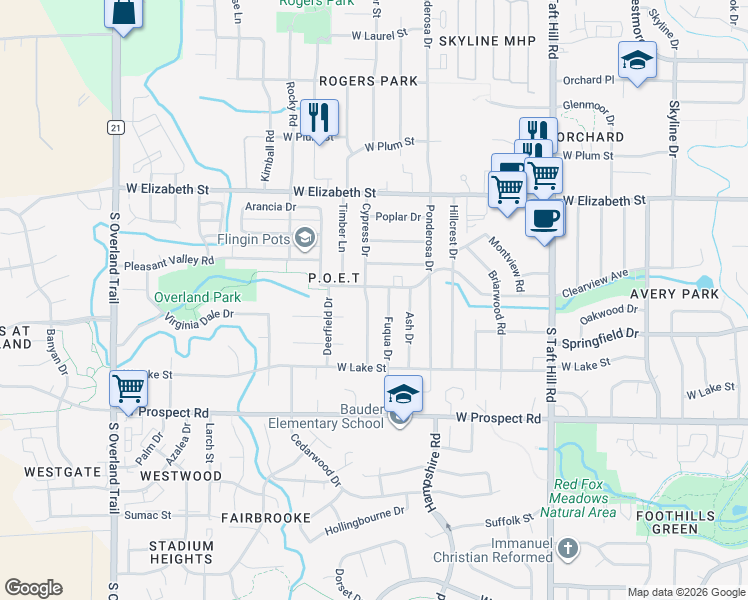 map of restaurants, bars, coffee shops, grocery stores, and more near 2432 Clearview Avenue in Fort Collins