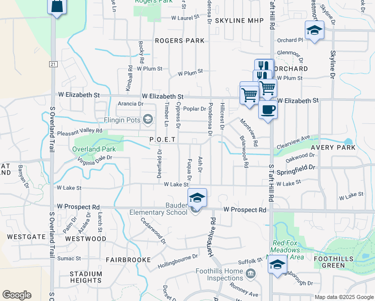 map of restaurants, bars, coffee shops, grocery stores, and more near 1107 Fuqua Drive in Fort Collins