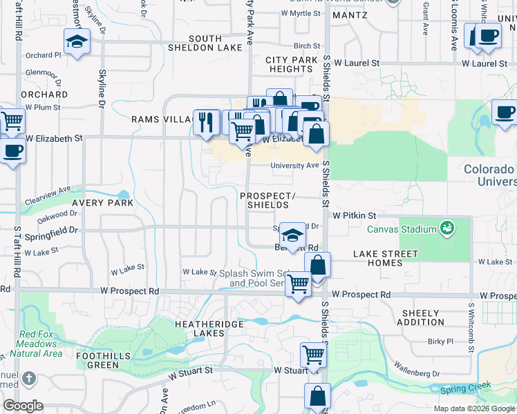 map of restaurants, bars, coffee shops, grocery stores, and more near 1320 Westward Drive in Fort Collins
