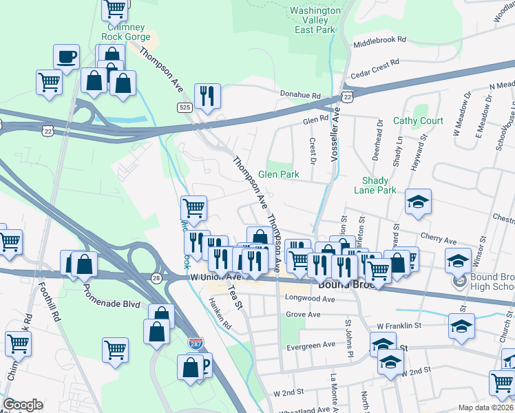 map of restaurants, bars, coffee shops, grocery stores, and more near 14 Village Court in Bound Brook