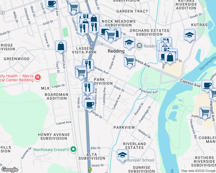 map of restaurants, bars, coffee shops, grocery stores, and more near 2556 Lanning Avenue in Redding