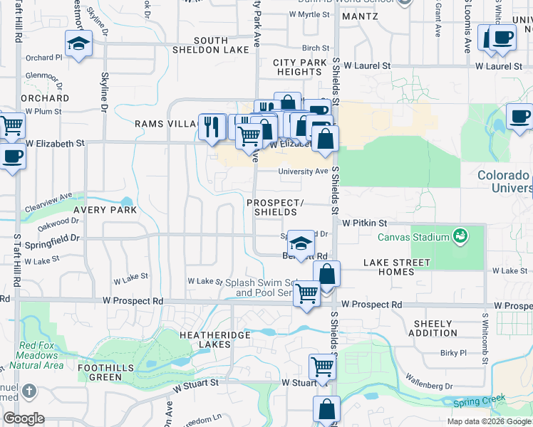 map of restaurants, bars, coffee shops, grocery stores, and more near 1320 Westward Drive in Fort Collins