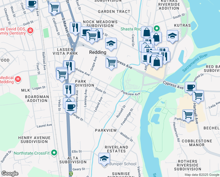 map of restaurants, bars, coffee shops, grocery stores, and more near 2510 Leland Avenue in Redding