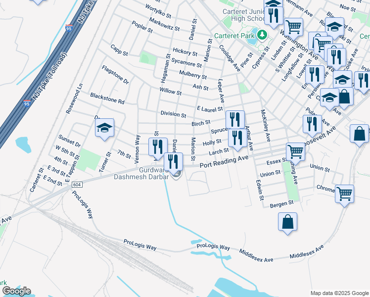 map of restaurants, bars, coffee shops, grocery stores, and more near 89 Holly Street in Woodbridge Township