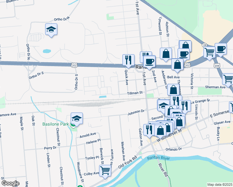 map of restaurants, bars, coffee shops, grocery stores, and more near 11 Minetti Drive in Raritan