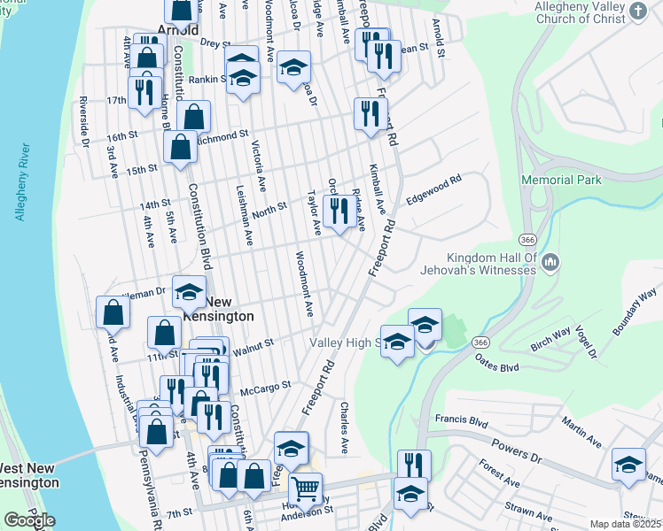 map of restaurants, bars, coffee shops, grocery stores, and more near 1252 Taylor Avenue in New Kensington