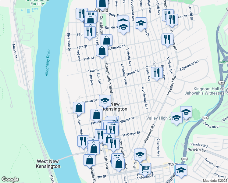 map of restaurants, bars, coffee shops, grocery stores, and more near 1308 Constitution Boulevard in New Kensington