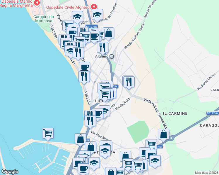 map of restaurants, bars, coffee shops, grocery stores, and more near 6 Viale Europa in Alghero
