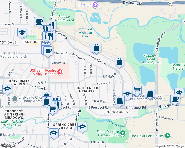 map of restaurants, bars, coffee shops, grocery stores, and more near 1117 Baker Street in Fort Collins