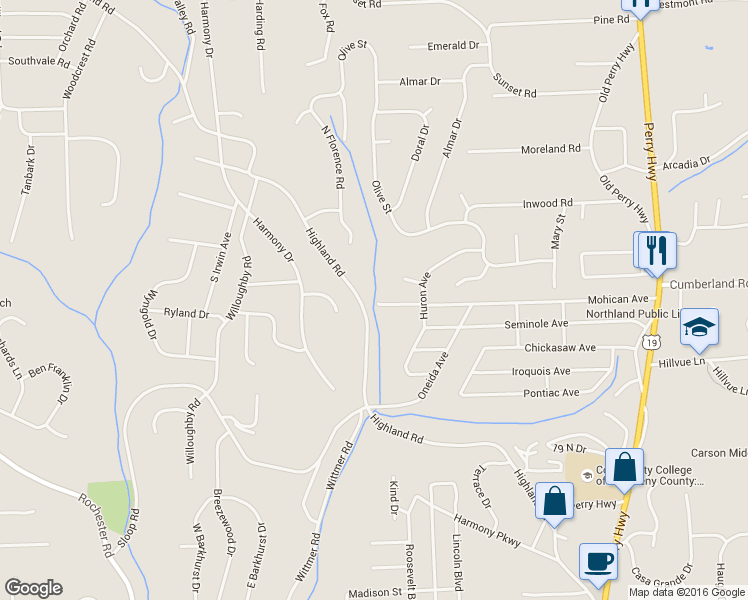 map of restaurants, bars, coffee shops, grocery stores, and more near 9080 Highland Road in Pittsburgh