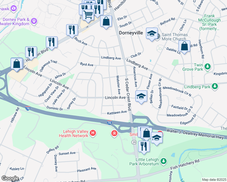 map of restaurants, bars, coffee shops, grocery stores, and more near 1118 Washington Avenue in Allentown