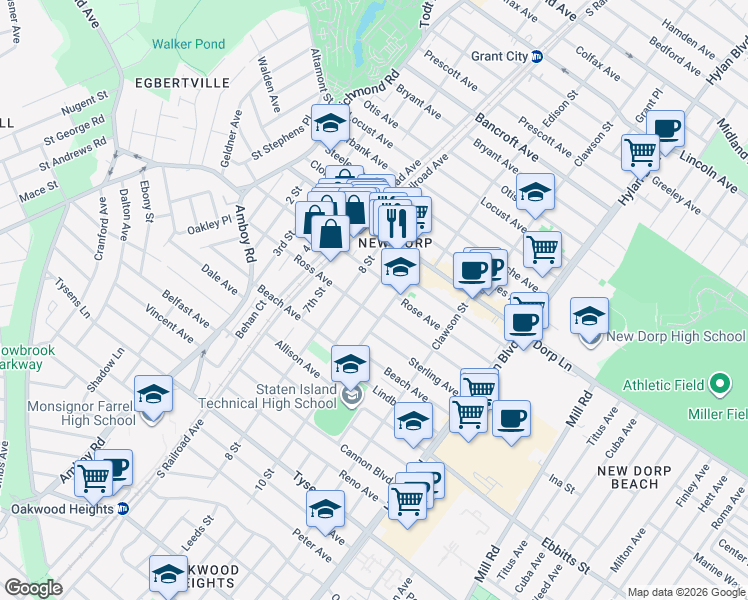 map of restaurants, bars, coffee shops, grocery stores, and more near 64 8 Street in Staten Island