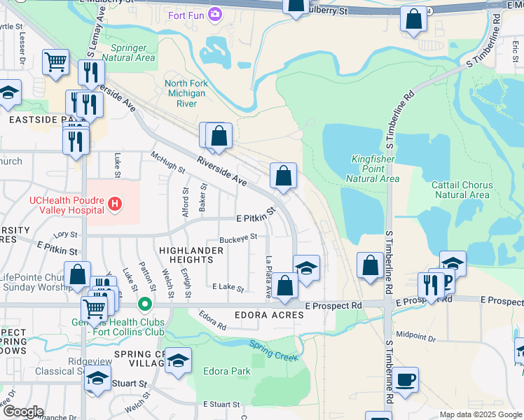 map of restaurants, bars, coffee shops, grocery stores, and more near 1537 Riverside Avenue in Fort Collins