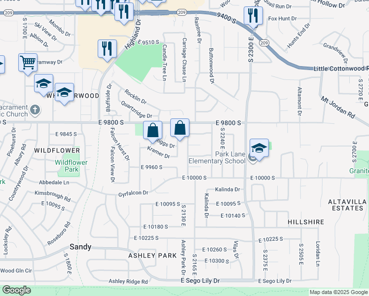 map of restaurants, bars, coffee shops, grocery stores, and more near 9867 Borg Drive in Sandy