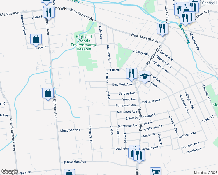 map of restaurants, bars, coffee shops, grocery stores, and more near 201 Woolworth Avenue in South Plainfield