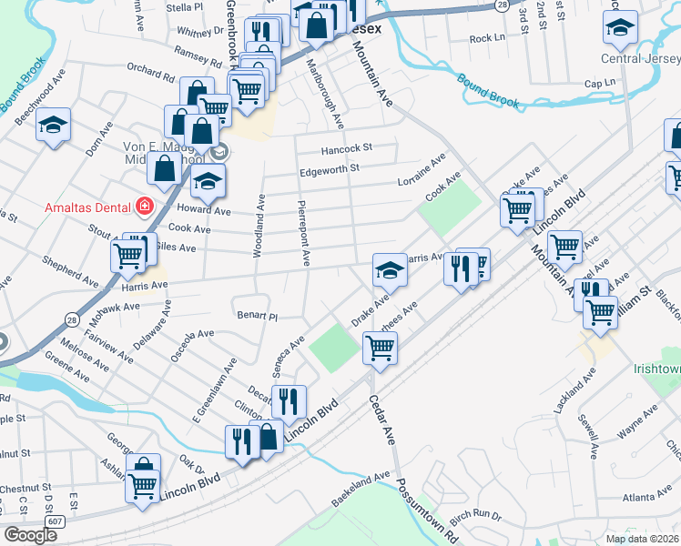 map of restaurants, bars, coffee shops, grocery stores, and more near 425 Harris Avenue in Middlesex