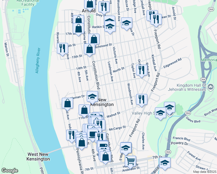 map of restaurants, bars, coffee shops, grocery stores, and more near 209 Catalpa Street in New Kensington