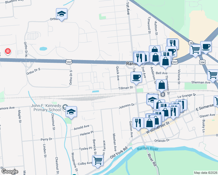 map of restaurants, bars, coffee shops, grocery stores, and more near 11 Minetti Drive in Raritan