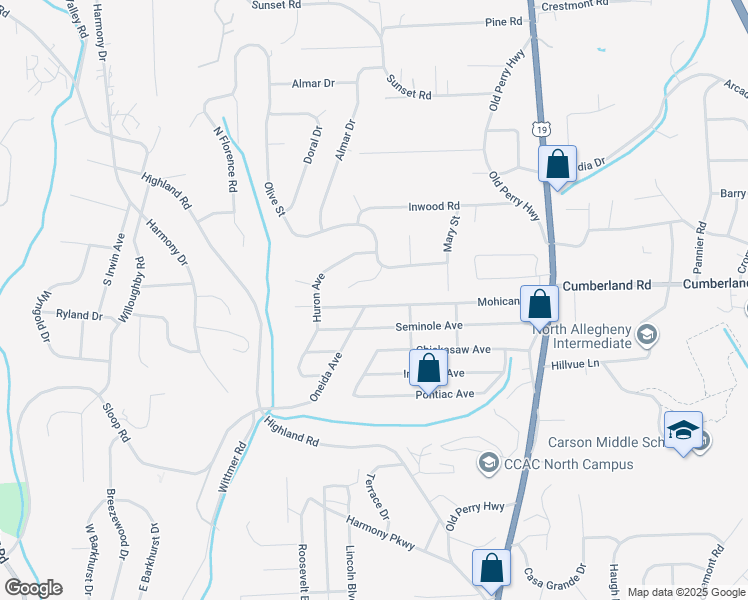 map of restaurants, bars, coffee shops, grocery stores, and more near 364 Mohican Avenue in Pittsburgh