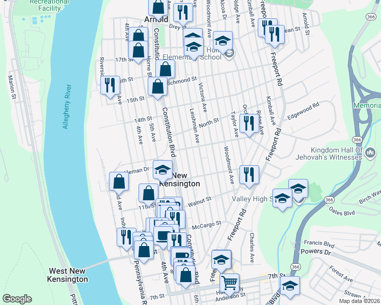 map of restaurants, bars, coffee shops, grocery stores, and more near 209 Catalpa Street in New Kensington